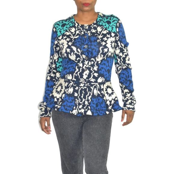 J Peterman Emmas Sweater Blue Hourglass Peplum Cardigan Green Floral Wool Small - Picture 1 of 16